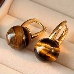 Tiger’s Eye Gold Tone Drop Hoop Earrings Boho Brown Gemstone